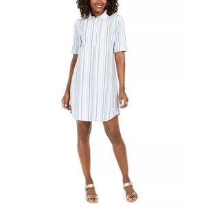 Karen Scott Petite Seersucker Shirtdress Persian Blue Combo XS